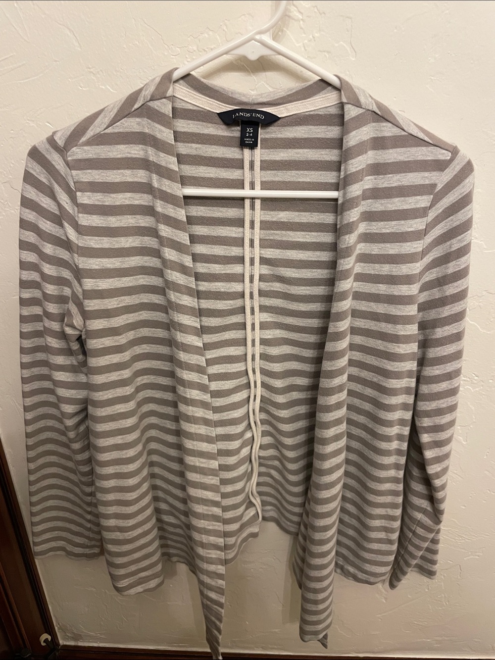 Lands' End Women's Gray and White Striped Open-Front Cardigan